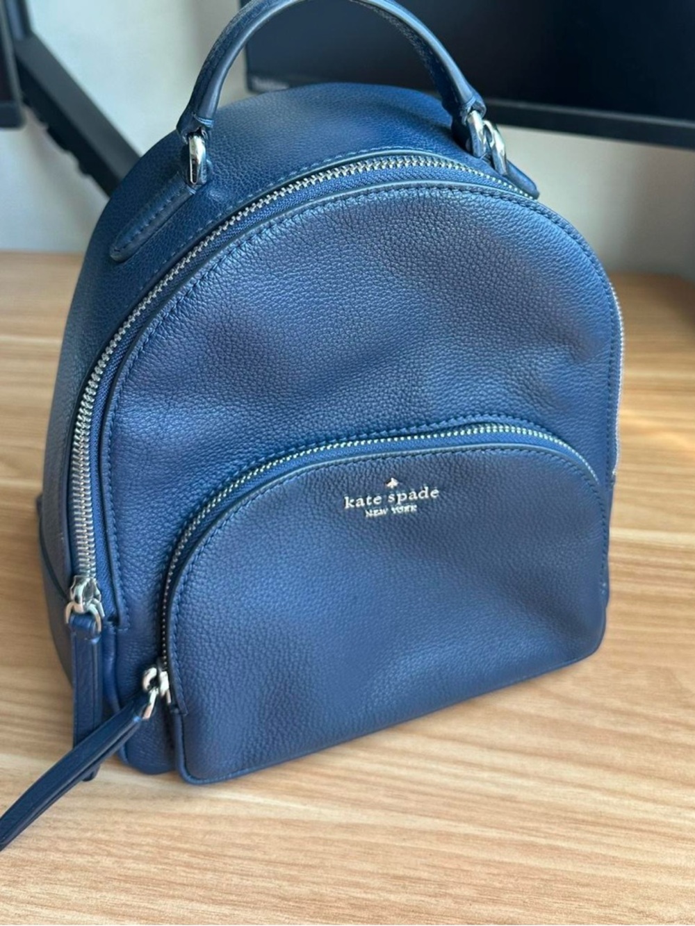 kate spade Navy Pebbled Leather Mini Backpack with Front Zip Pocket - Picture 2 of 6